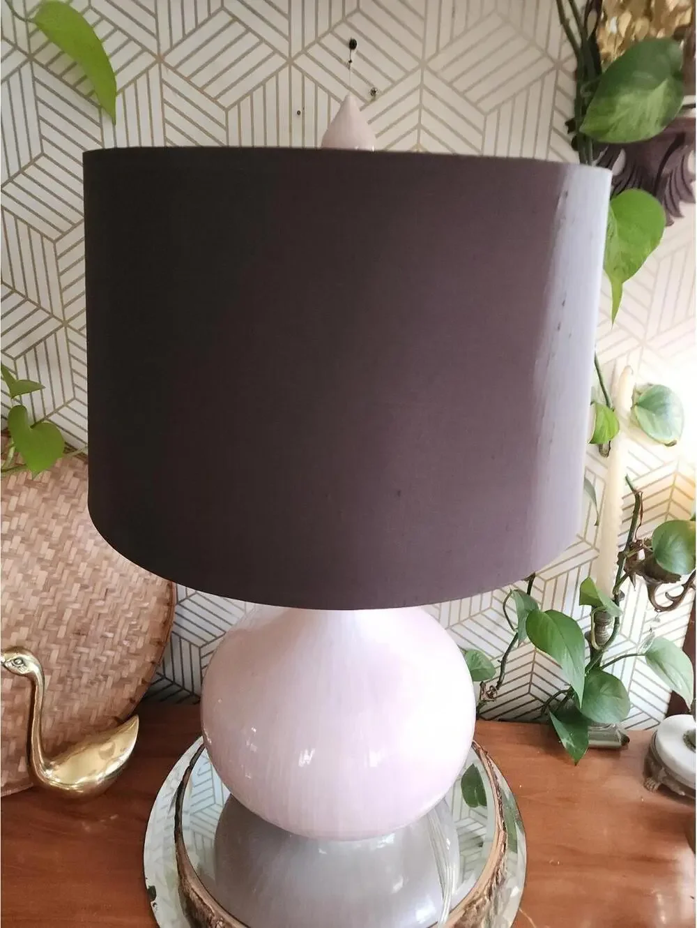 Vintage Large Pink Ceramic Table Lamp With Drum Shade And Ceramic Finial